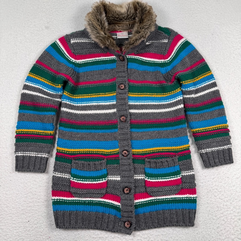 Hanna Andersson Wool Blend Cardigan Girls 140 US 10 Faux Fur Collar Stripe Heavy